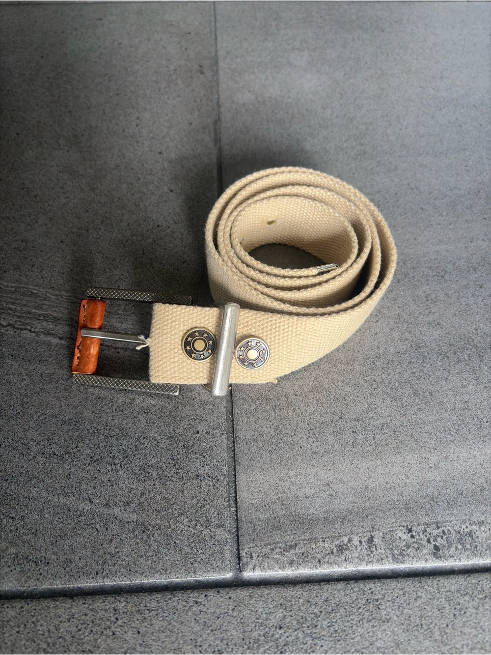 Canvas Web Belt Cream Double Prong Buckle Star Studs ~43in